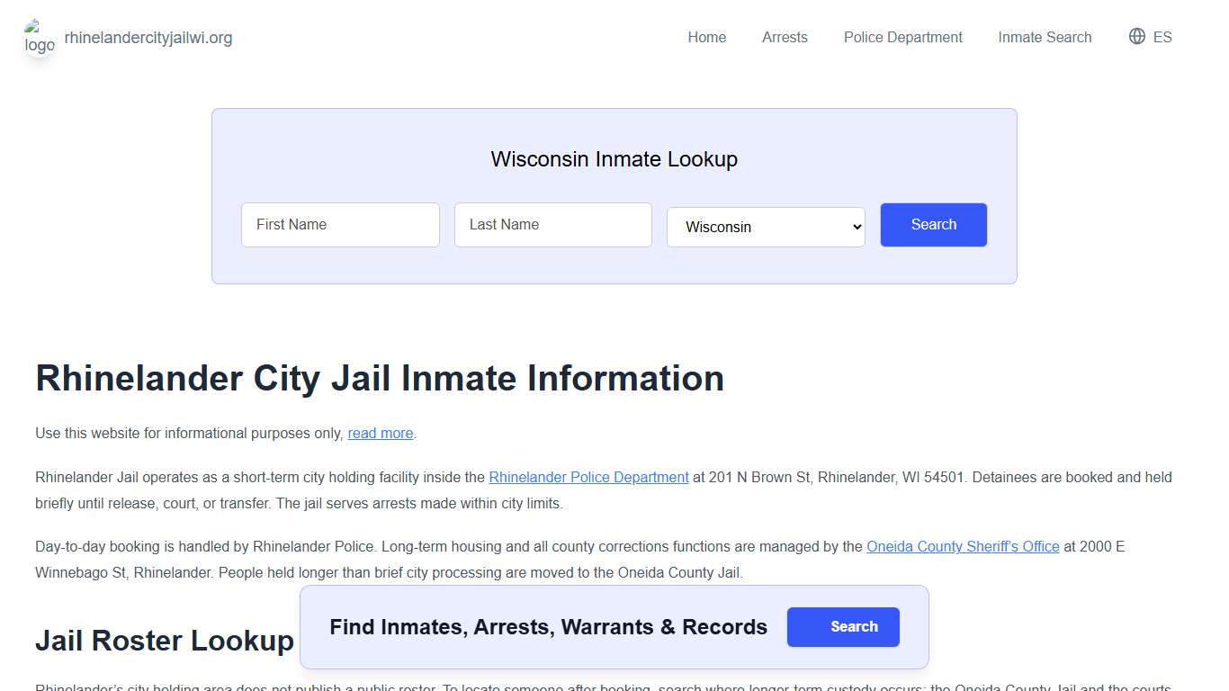 Rhinelander Jail, WI Inmate Roster, Municipal Jail Info